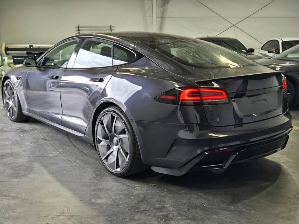 Gray Tesla Model S Plaid rear view