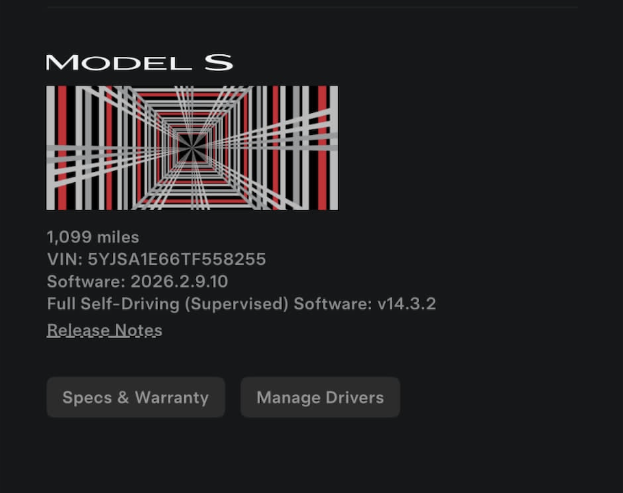Tesla Model S Plaid software screen showing mileage and software details