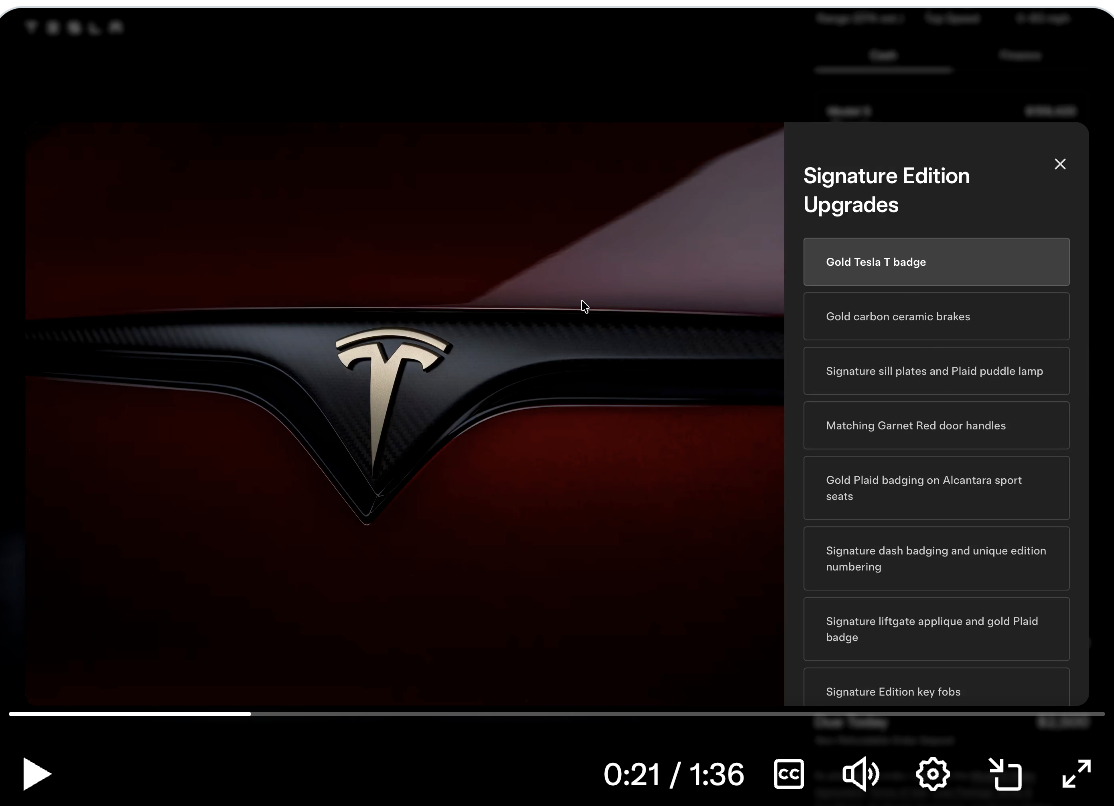 Gold Tesla T badge shown in Signature Edition upgrades
