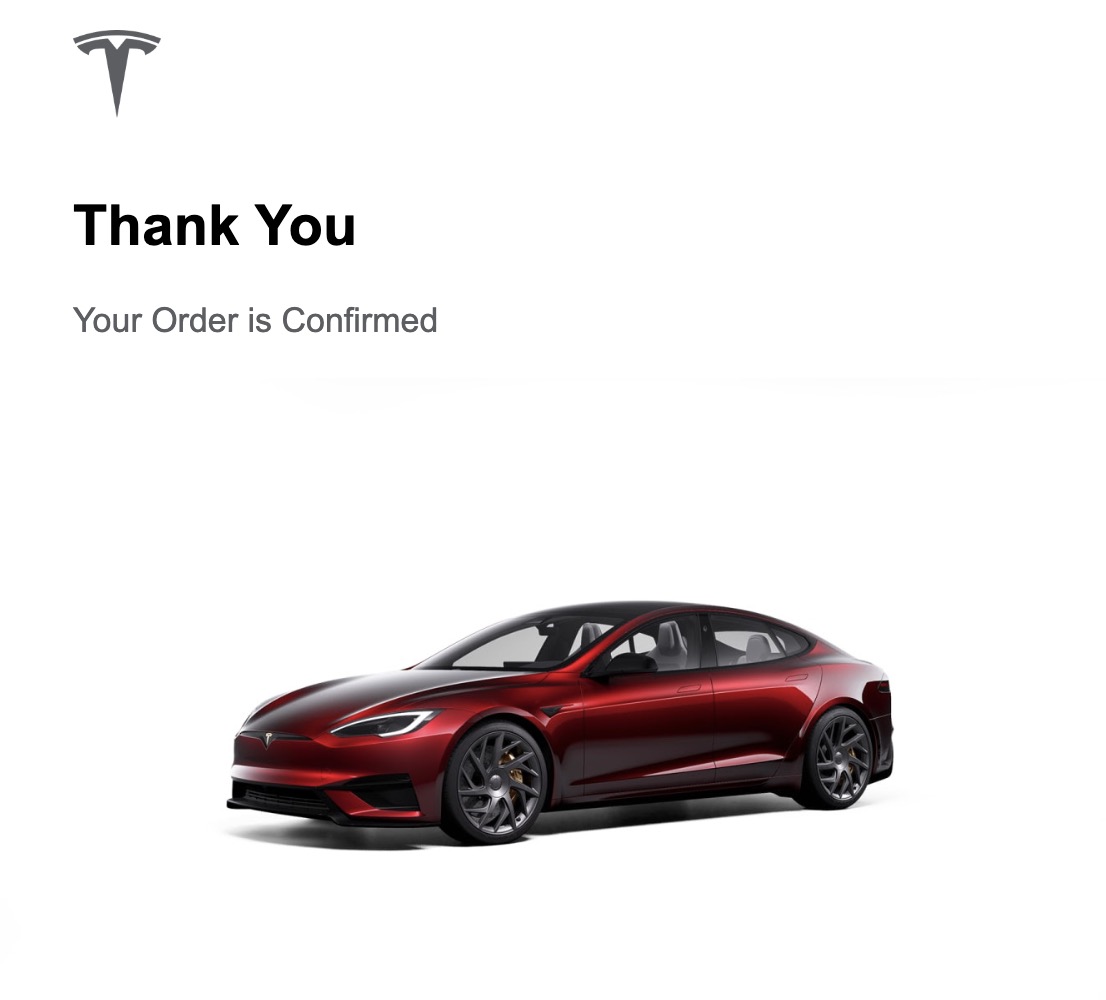 Tesla order confirmed screen with Signature Series car